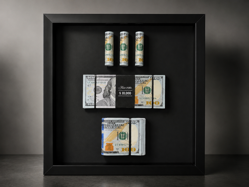 The Vault currency object by Kurio & Co, black shadow box frame with mounted notes