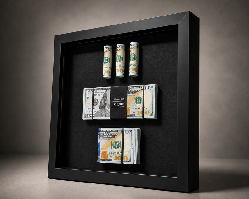 The Vault currency object by Kurio & Co, black shadow box frame with mounted notes